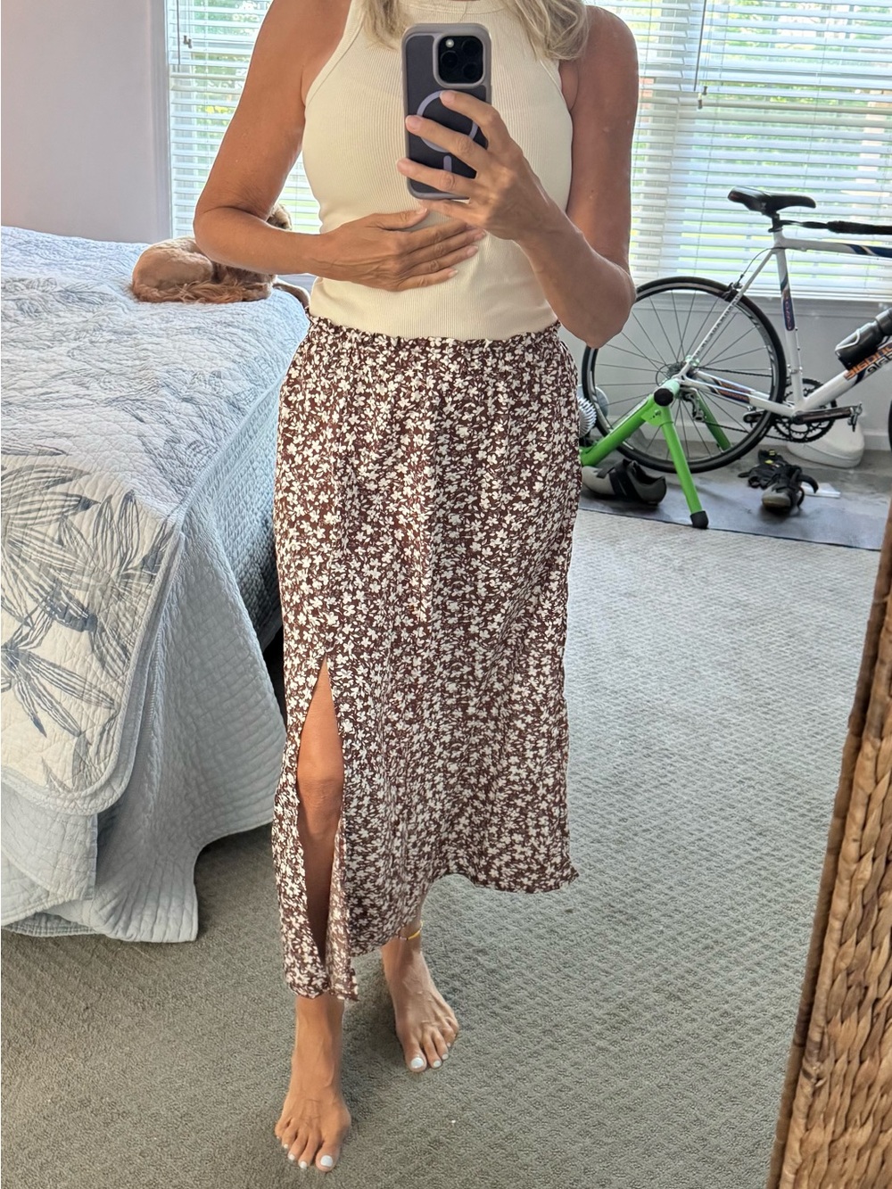 SHEIN Brown Floral Midi Skirt with Front Slit